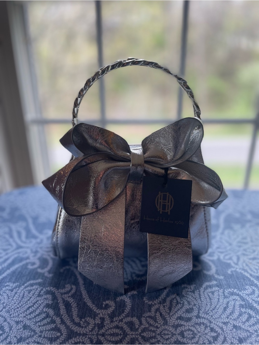 House of Harlow 1960 Silver Metallic Bow Top-Handle Mini Bag